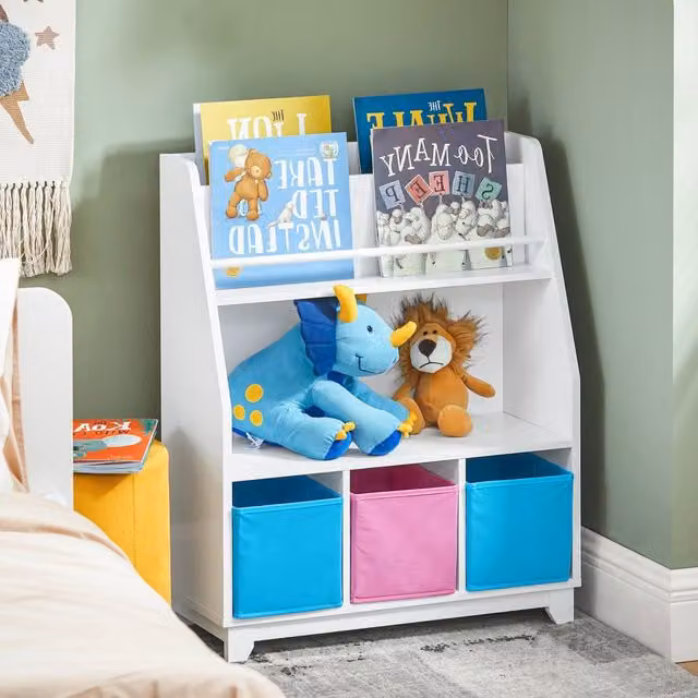 SoBuy Kids Bookcase with 3 Fabric Baskets in White and Grey – 1