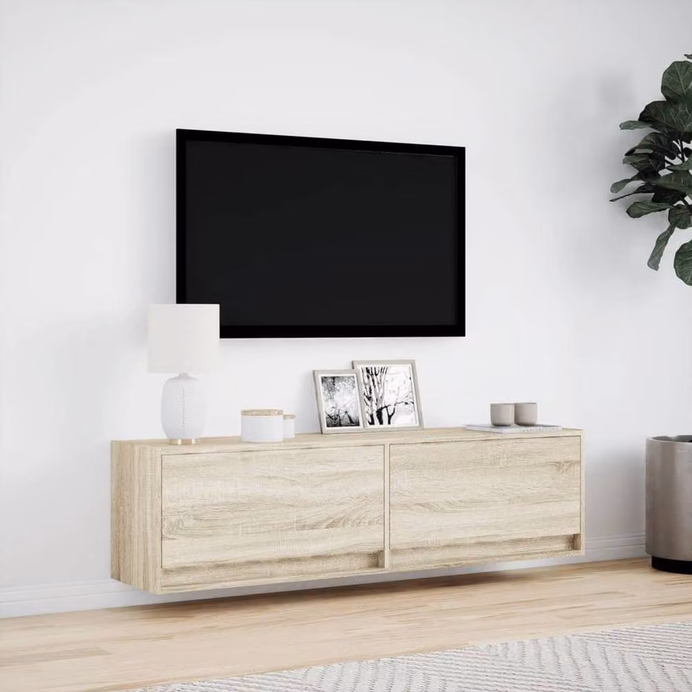 Berkfield Home TV Wall Cabinet with LED Lights in Sonoma Oak Tan, W/D/H: 140 x 31 x 38 cm – 2