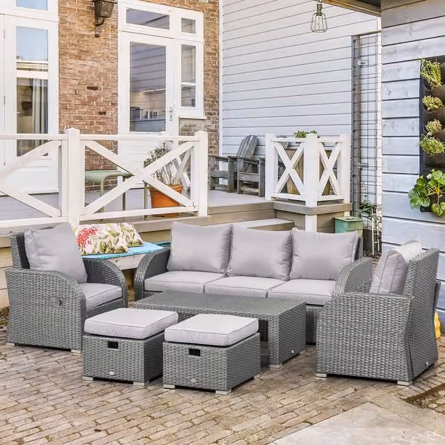 Outsunny 7 Seater Rattan Garden Furniture Set with Upholstered Cushions and Matching Ottoman in Grey – 1