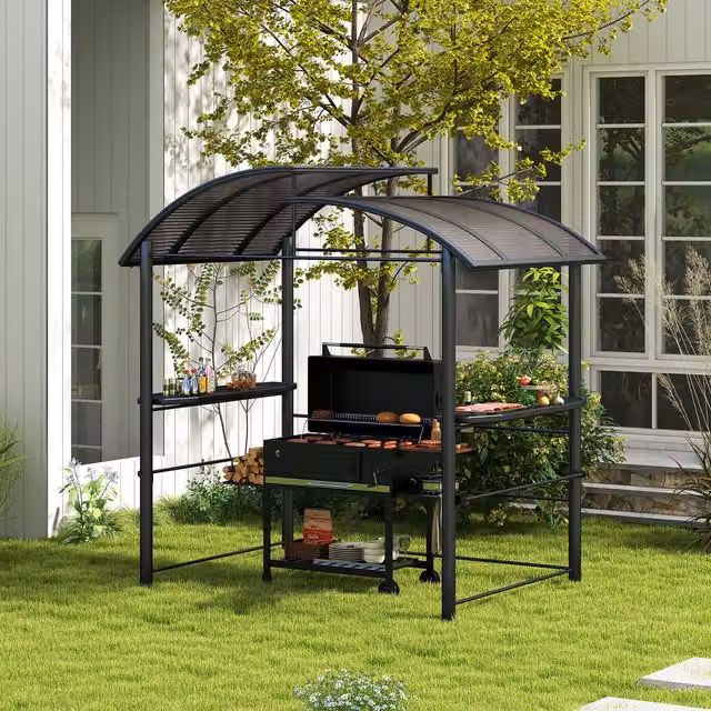 Outsunny Outdoor Grill BBQ Gazebo with Shelving in Dark Grey and Brown