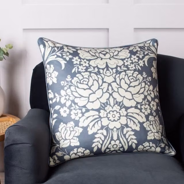 Paoletti Melrose Classic Floral Square Cushion in Blue, W/D/H: 50 x 50 x 50 cm