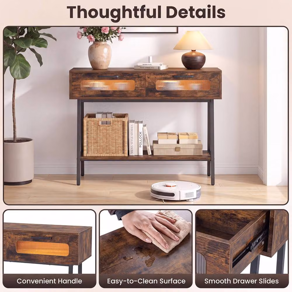 Gymax Rustic Brown Farmhouse Console Table with Colourful LED Lights – 10