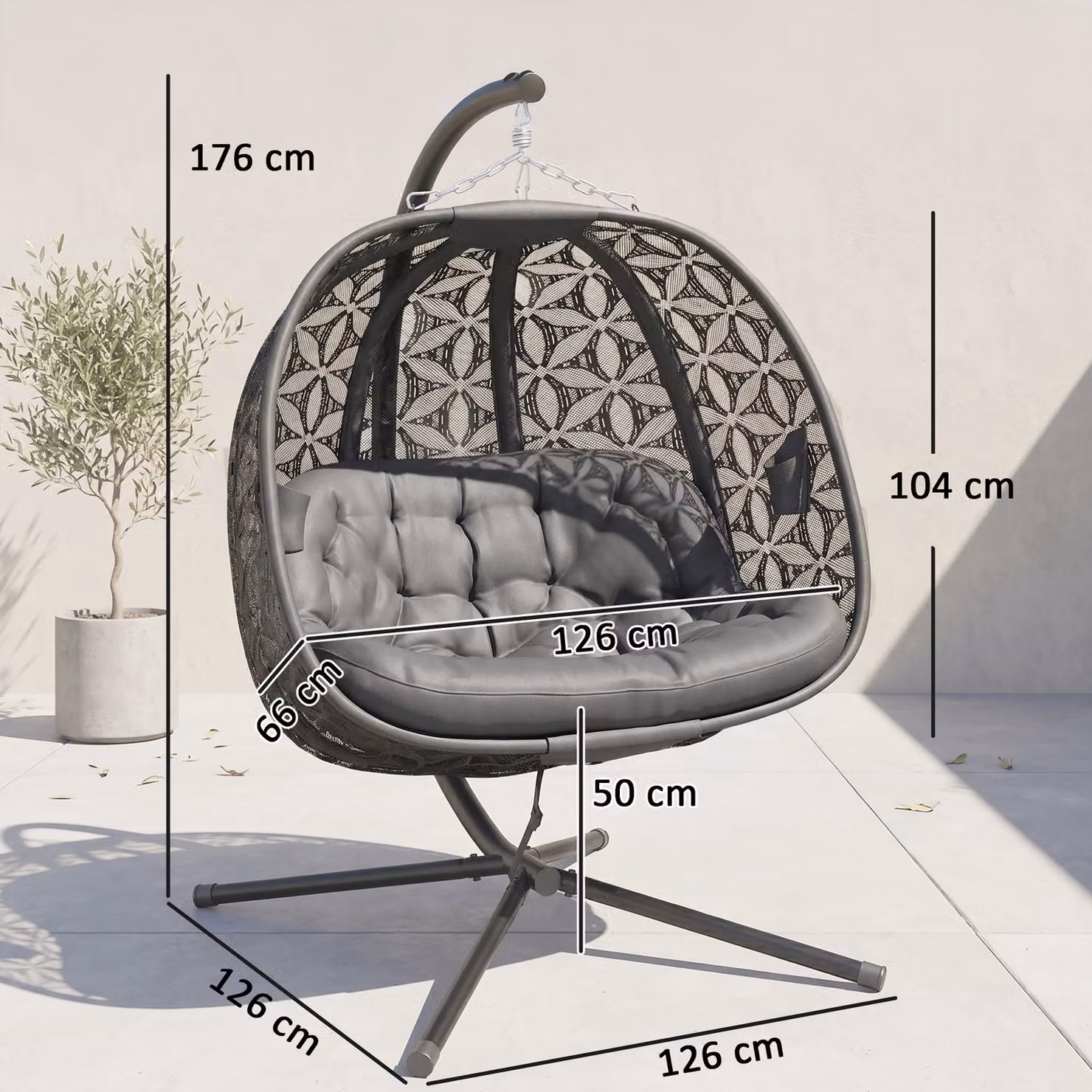 Outsunny Outdoor Double Hanging Chair with Cushions and Cup Holders, Charcoal Grey – 3