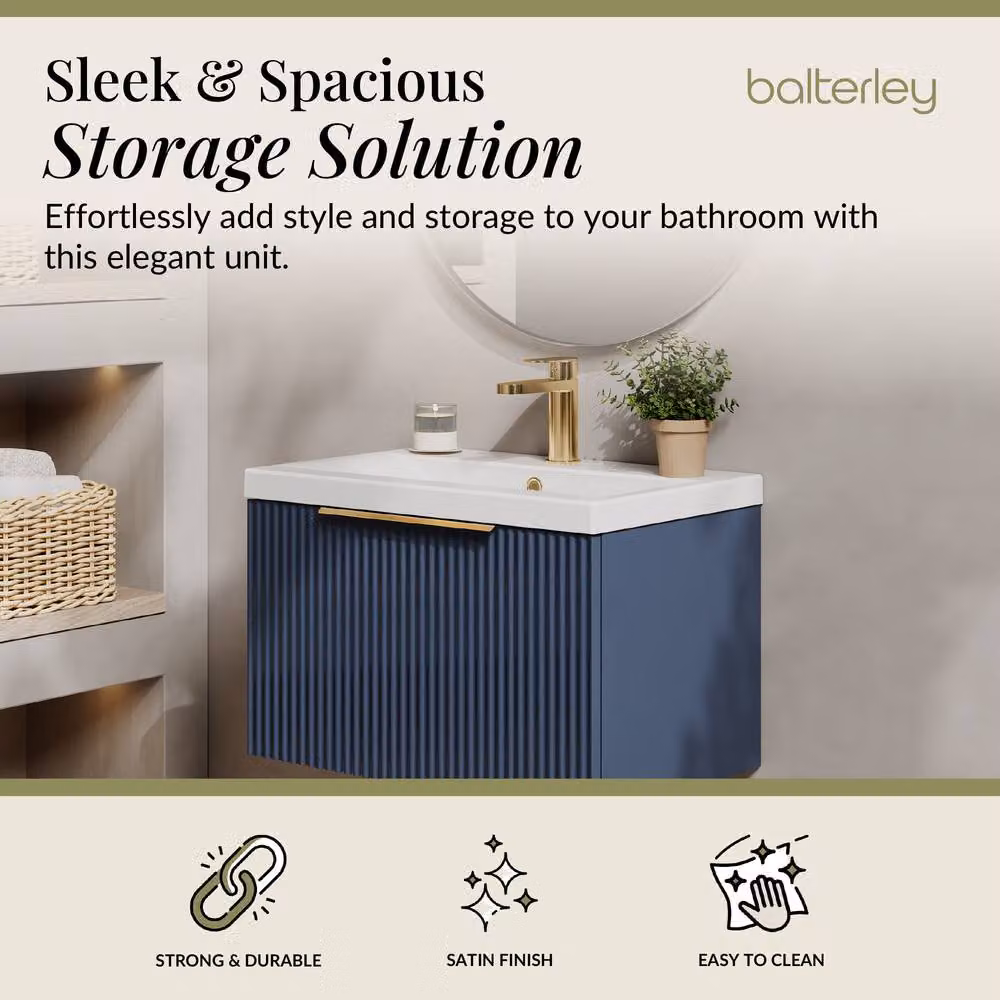 Balterley Fluted Front Wall Hung 1 Drawer Vanity Basin Unit, Satin Grey, Width: 60 cm – 1