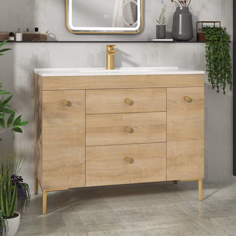 Royal Bathrooms Verona 1000mm Natural Oak Floor Standing Vanity Unit with 3 Drawers, Dual Side Pull Out Storage and Ceramic Basin in Brown with Brushed Brass Knob