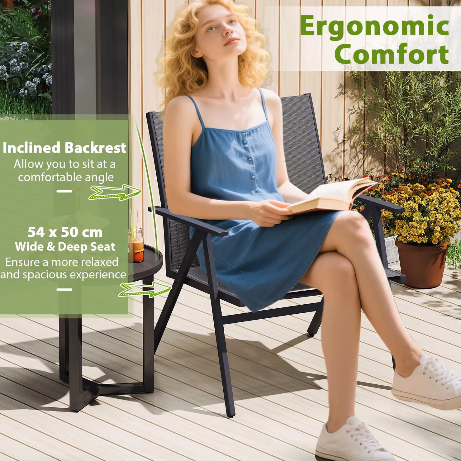 Gymax 2 Pack Grey Patio Armchairs with Breathable Mesh Fabric and Metal Frame – 5