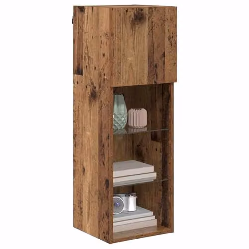 vidaXL Set of 2 Modern Wall-Mounted TV Cabinets in Old Wood Brown with Integrated Lighting and Glass Doors – 1