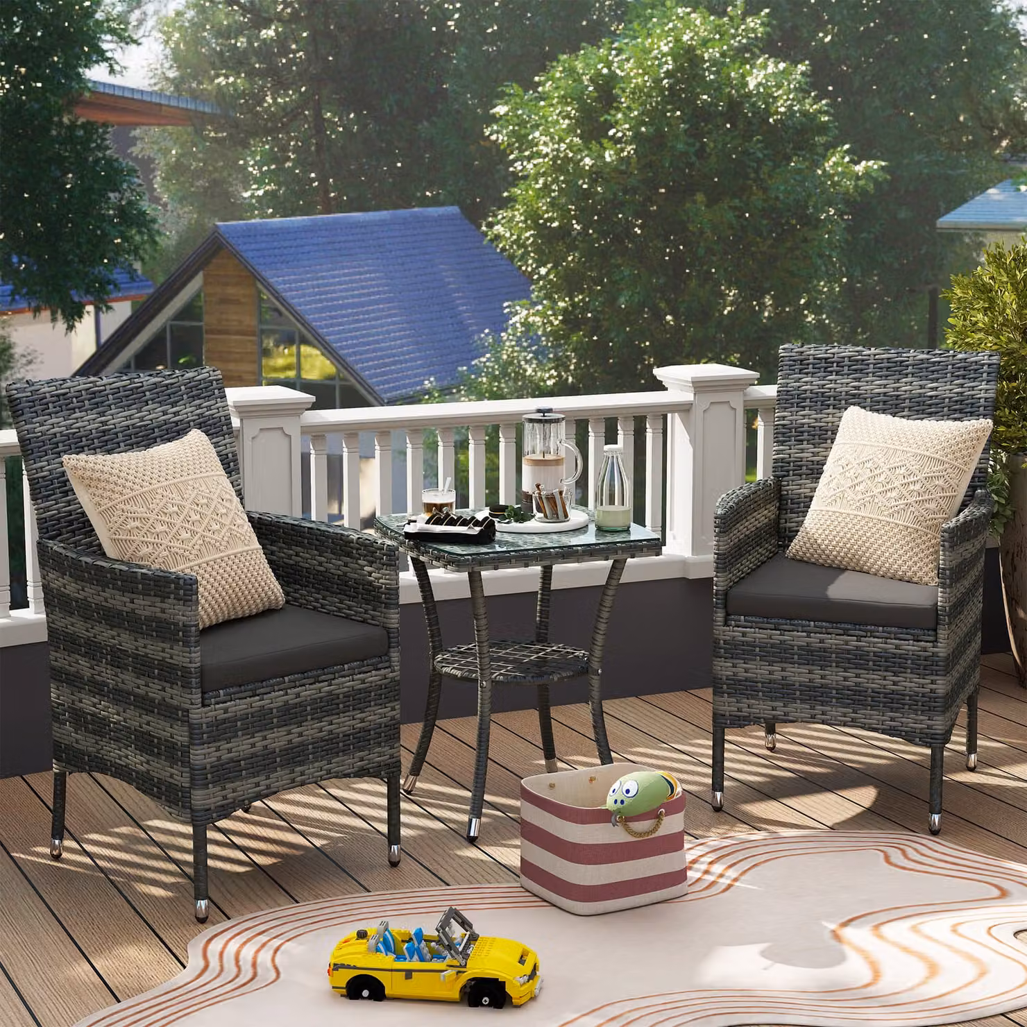 Outsunny 3 Piece Rattan Garden Bistro Set with Cushions in Light Grey – 2