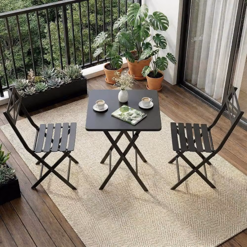 London Boutique 3-Piece Folding Bistro Table and Chairs Patio Furniture Set in Black Steel – 4