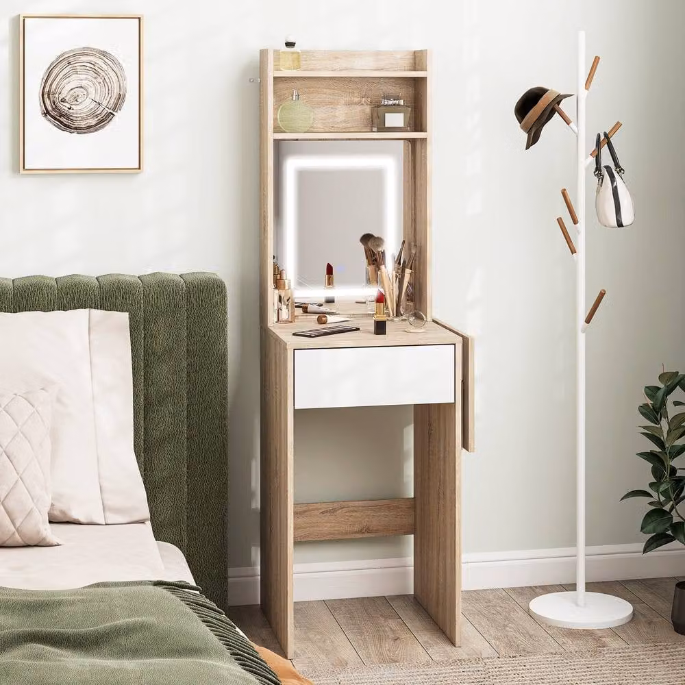 STILVORA Dressing Table with LED Mirror, Drop Leaf and Drawer in Beige – 2
