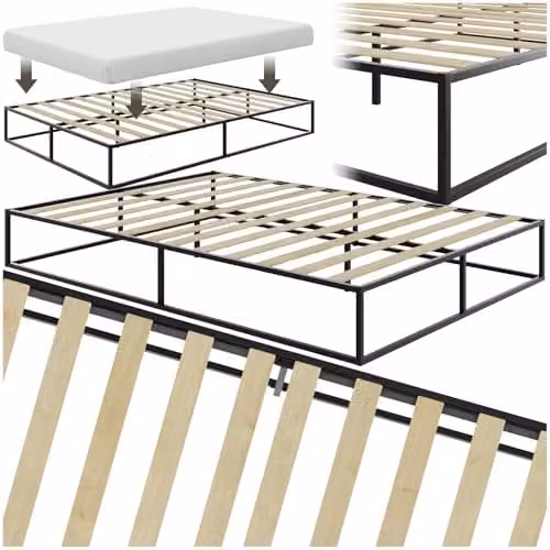 tectake Kyoto Double Bed Frame in Black Metal with Poplar Wood Slats, W/D/H: 140 x 200 x 25.5 cm – 1