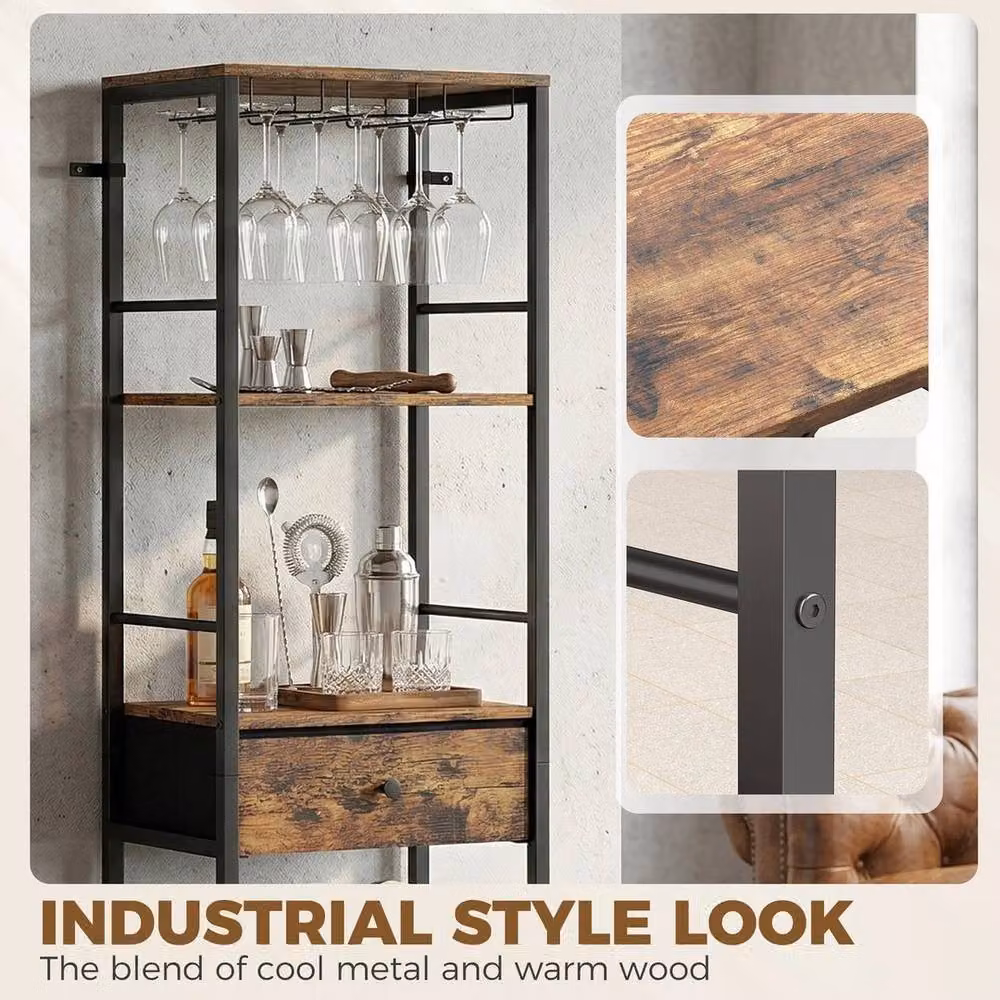 EONLION Brown Industrial Wine Bar Cabinet with Glass Doors, Bottle Rack and Internal Drawers, W/D/H: 100 x 29 x 148.5 cm – 3