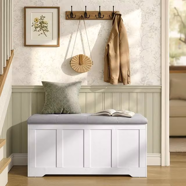 VASAGLE Storage Bench with Lid and Safe Hinges in White and Grey, W/D/H: 101 x 41 x 49 cm