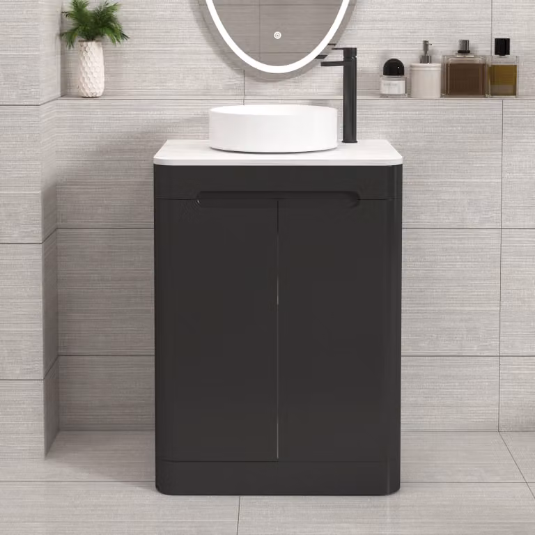 Royal Bathrooms Venice Matt Nocturne Black 2 Door Floor Standing Vanity Unit with Carrara White Undrilled Worktop