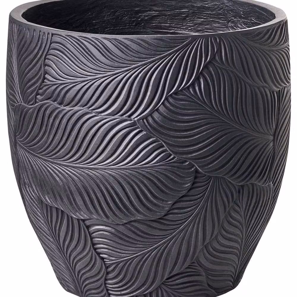 Wyld and Coco Black Fibre Clay Round Planter with Leaf Pattern, 42 cm Diameter – 2
