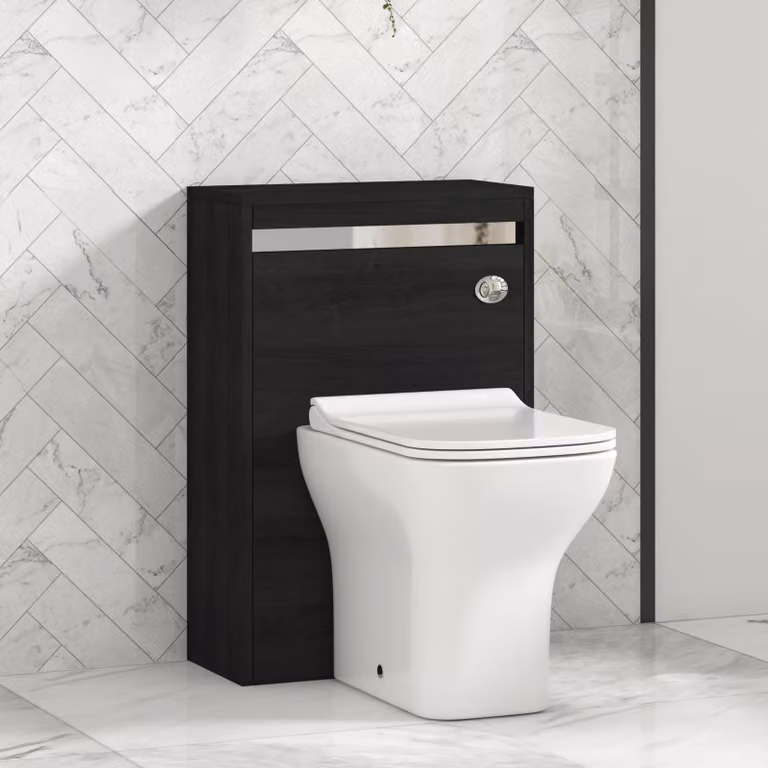 Royal Bathrooms Orion Hale Black BTW WC Unit with Qubix Rimless Toilet Pan, Slim Soft Close Seat and Cistern with Chrome Accent Trim, Width: 54 cm