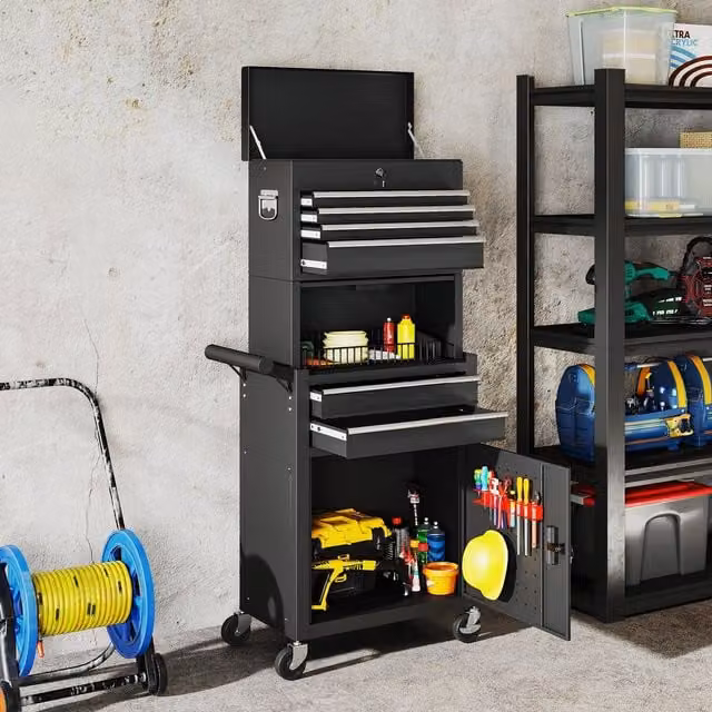 HOMCOM 3-in-1 Lockable and Rollable Steel Tool Cabinet with 6 Drawers and Pegboard, Black, W/D/H: 60.5 x 33.5 x 131.0 cm – 1