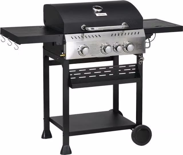Outsunny Galvanised Steel 3+1 Gas Burner BBQ Grill Trolley with Side Burner and Warming Rack, Black