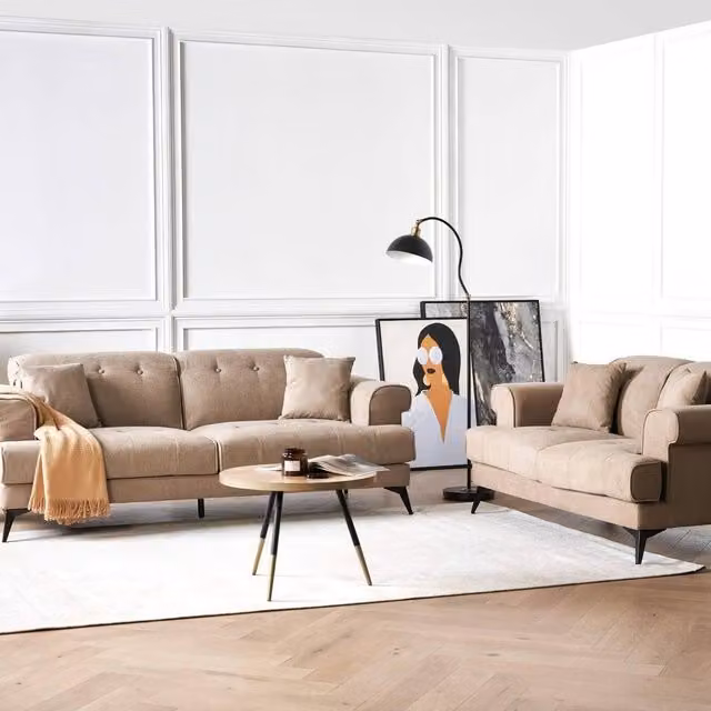 Wyld and Coco 2 and 3 Seater Sofa Set in Brown and Beige Fabric with Adjustable Headrests and Solid Wood Frame – 1