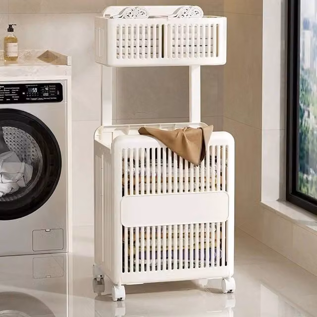 KORVIXA Collapsible Folding Laundry Sorter Basket Cart on Wheels, White, Height: 100 cm – 1