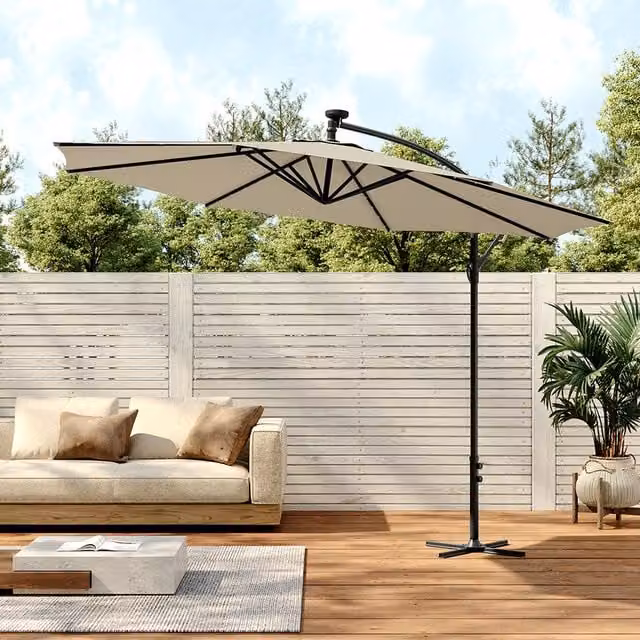 Livingandhome Lighted Garden Parasol Outdoor Umbrella with Cross Base in Beige
