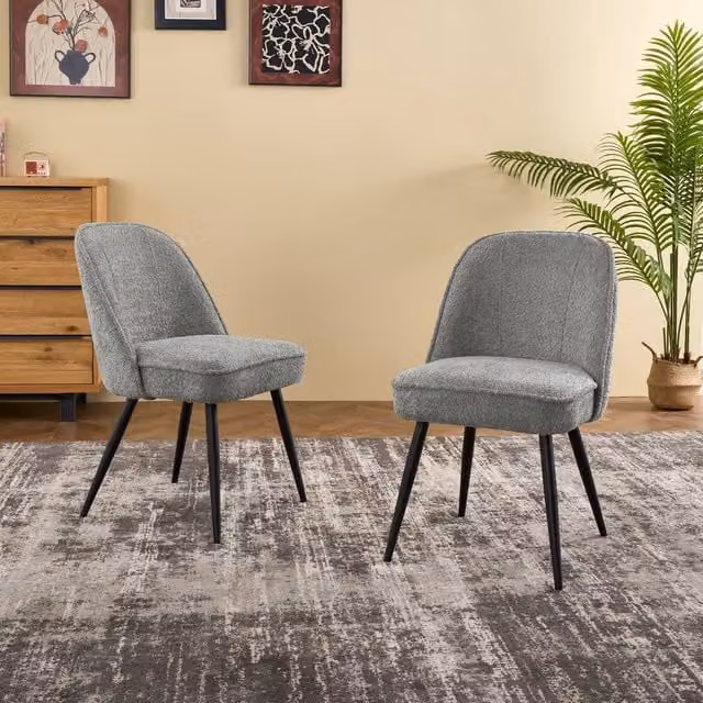 SONARA Set of 2 Modern Grey Bouclé Fabric Dining Chairs with Black Metal Legs – 1