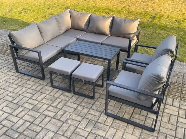 Fimous 9 Seater Dark Grey Aluminium Outdoor Garden Furniture Set with U-Shape Sofa, Oblong Coffee Table and Two Ottomans