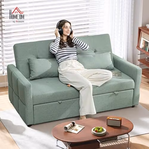 HOMCOM 2 Seater Click Clack Sofa Bed in Green with Fabric Upholstery and Sleeping Function – 2