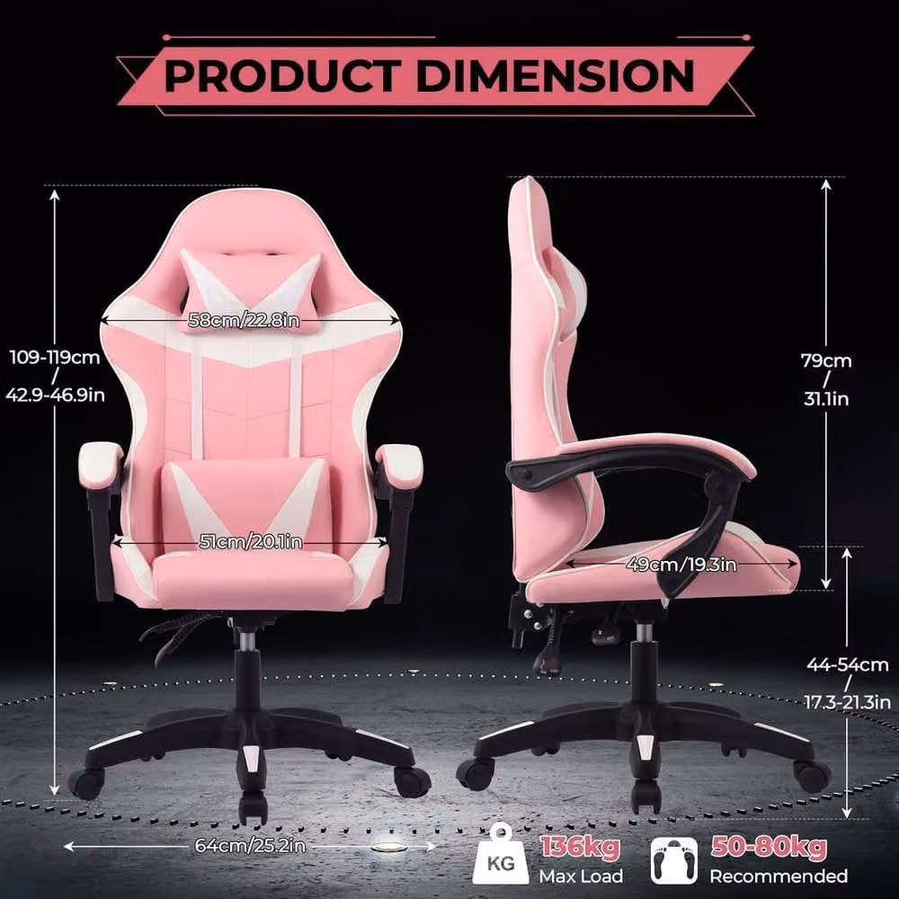 Lishetimig Ergonomic Pink PU Leather Gaming Chair with Headrest and Armrests – 2