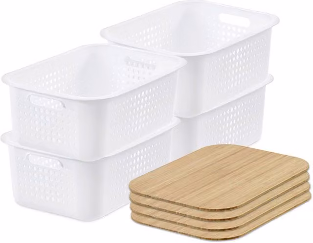 SmartStore d Stackable White Plastic Baskets with Bamboo Lids, Set of 4