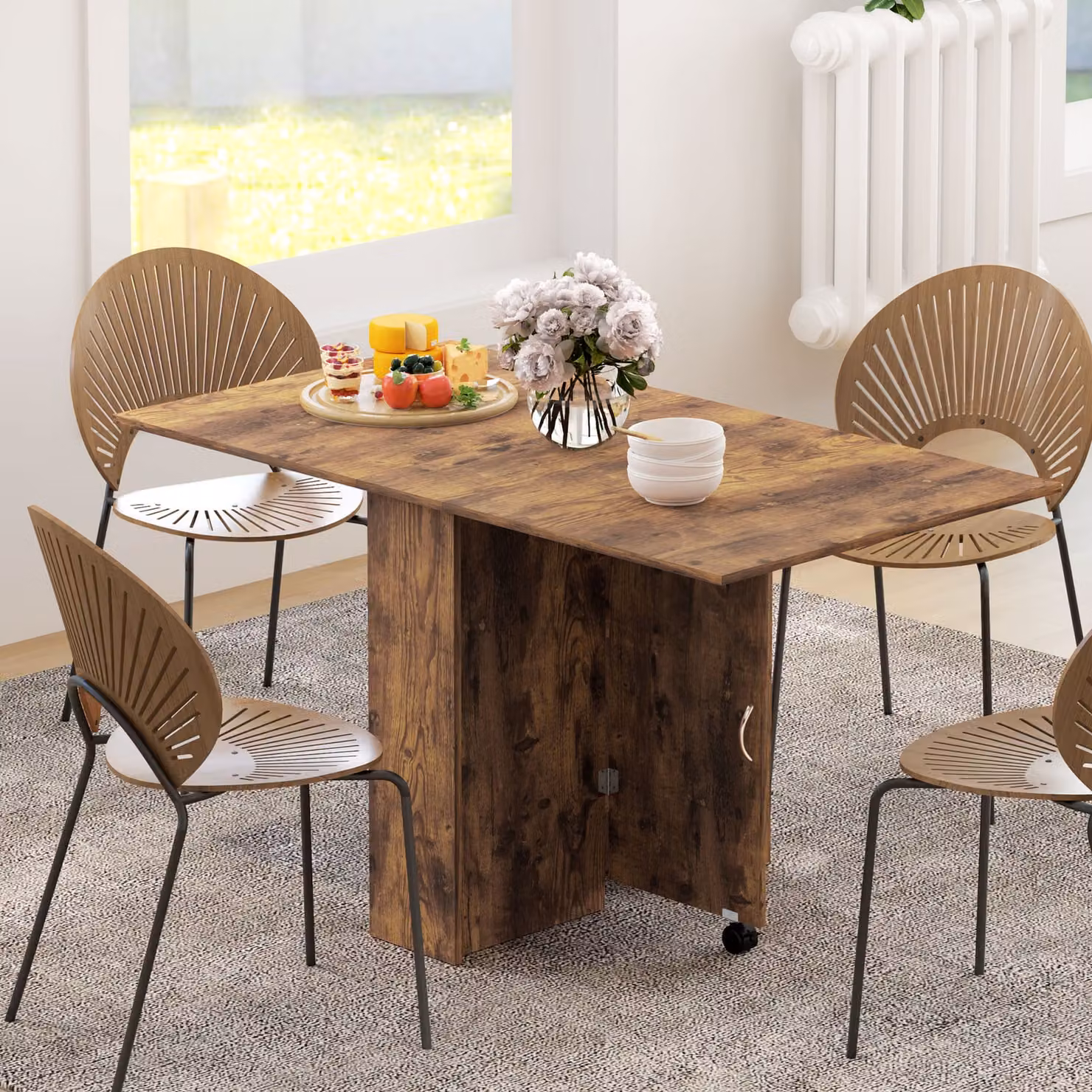 HOMCOM Folding Dining Table with Drop Leaf and 2-Tier Shelves, Rustic Brown, W: 80-140 cm, D: 60 cm, H: 75 cm – 2
