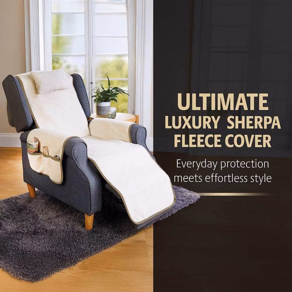 Coopers of Stortford Sherpa Fleece Armchair Cover with Adjustable Cushion and 3 Pockets in Beige – 2