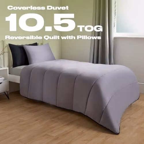 OHS Double Coverless Microfibre Duvet and Pillowcase Set, 10.5 Tog, Black and Grey, W/D/H: 200 x 200 x 56 cm – 2