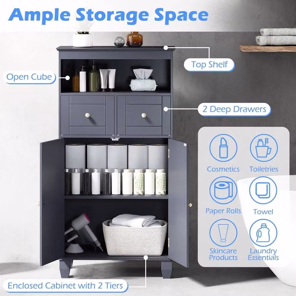 VOGREX Modern Freestanding Grey Bathroom Floor Storage Cabinet with Internal Shelves and Hinged Doors – 3