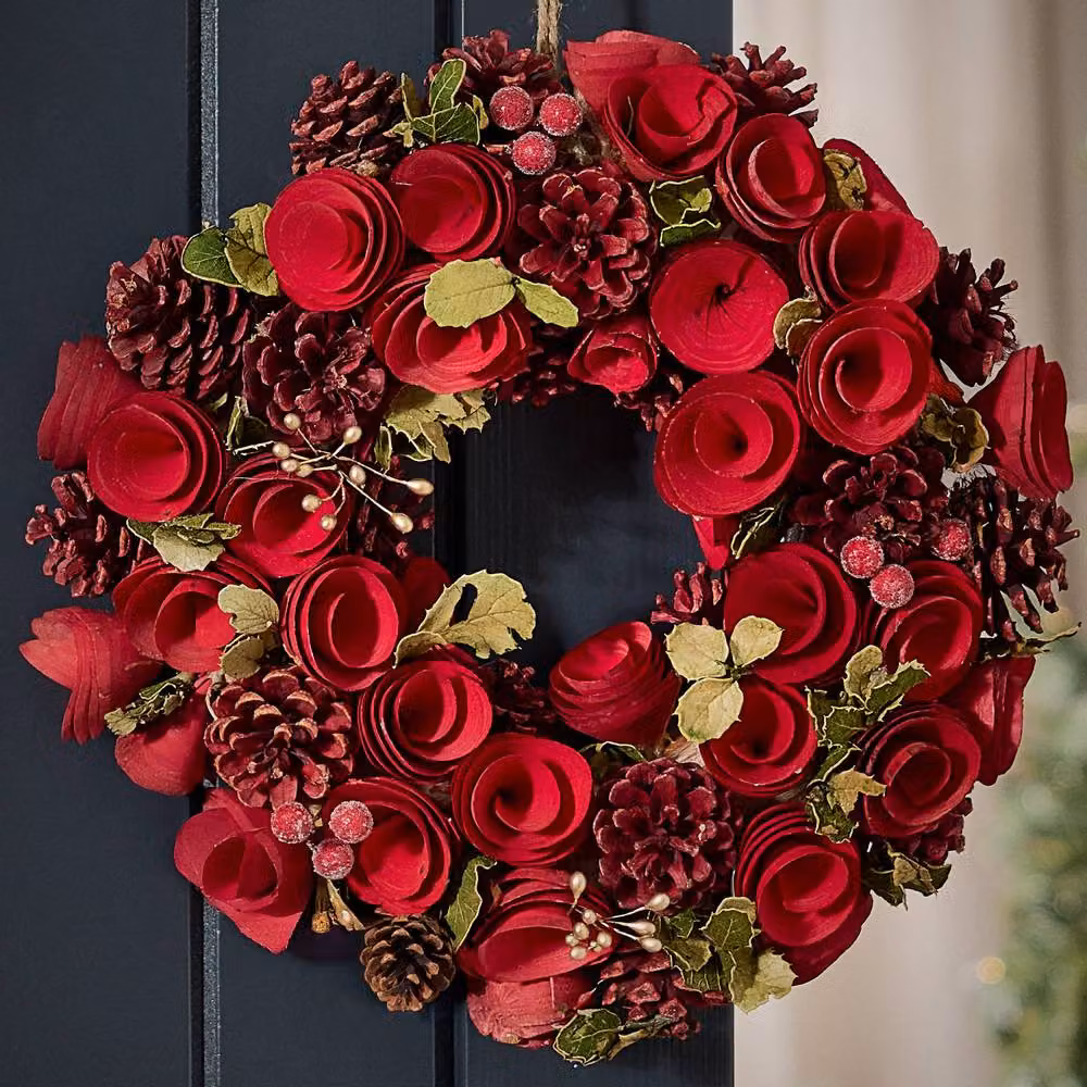 Dibor Crimson Rose Christmas Wreath in Red, Green and Gold, Diameter: 35 cm – 2