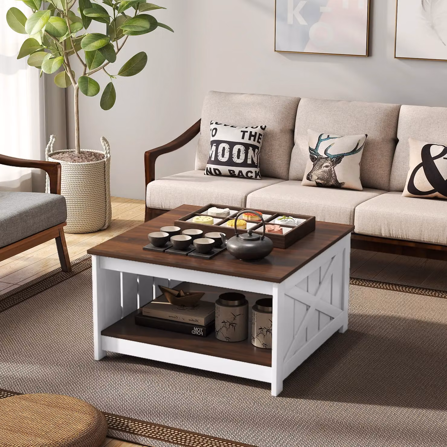 Costway Rustic Farmhouse Square Coffee Table with Storage Shelf and X-Frame Design in Multicolour – 3