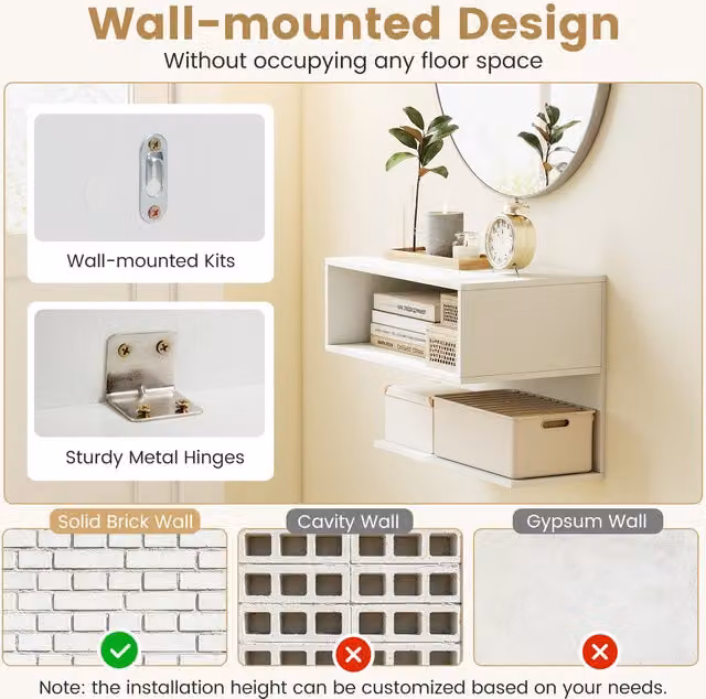 Set of 2 COSTWAY Minimalist White Wall Mounted Hanging Side End Tables