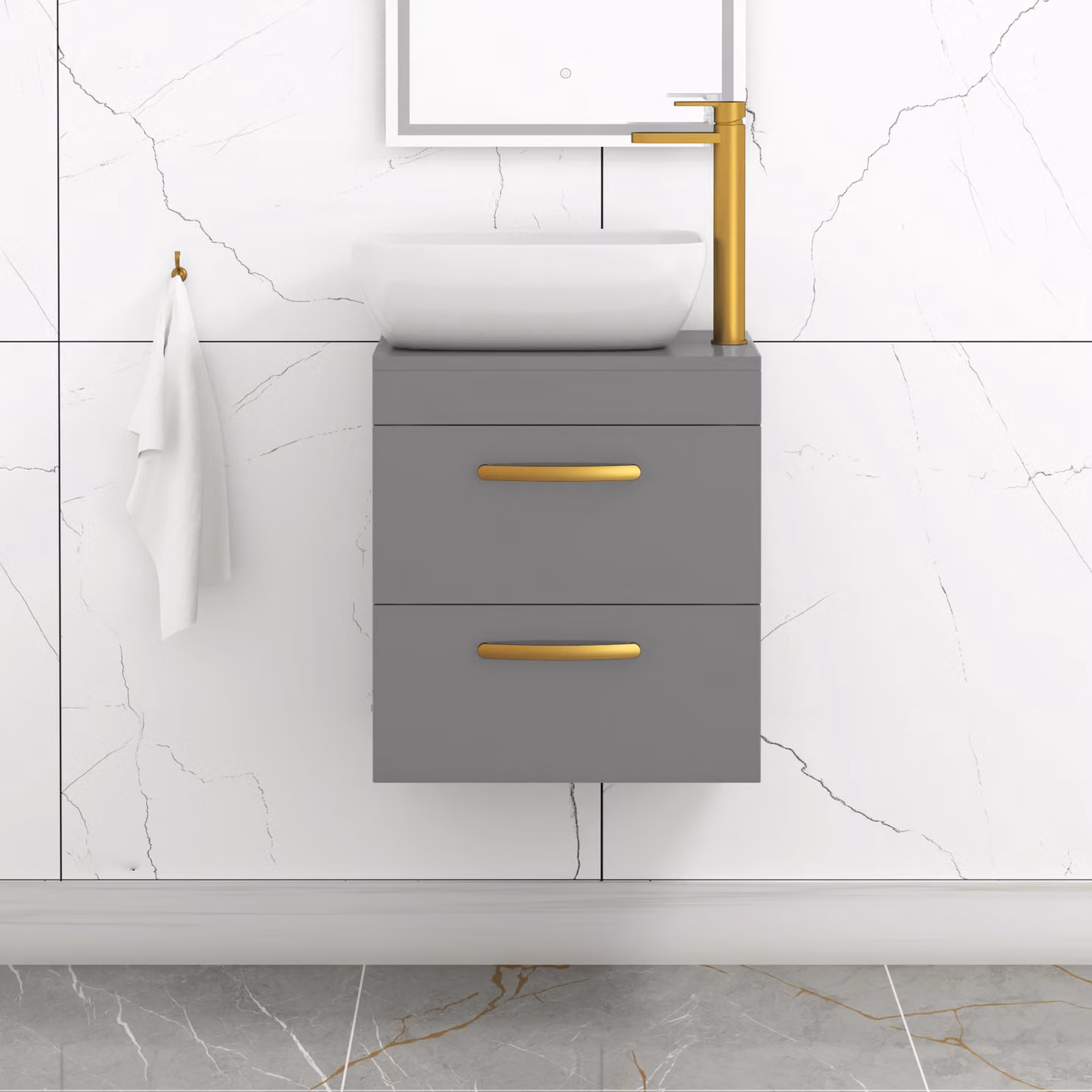 Royal Bathrooms 500mm Wall Hung Vanity Unit with 2 Drawers in Indigo Grey Gloss and Elva Countertop Basin with Brushed Brass Handle