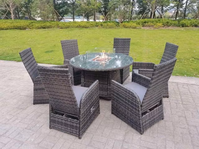 Fimous 6 Seater Rattan Outdoor Garden Furniture Set with Gas Fire Pit Dining Table and Chairs in Dark Grey