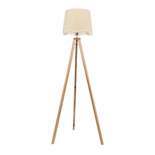 ValueLights Natural Wood Tripod Floor Lamp with White Scallop Shade and Included LED Bulb