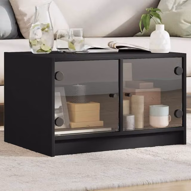Berkfield Home Modern Black Coffee Table with Glass Doors W: 68 cm, D: 50 cm, H: 42 cm – 1