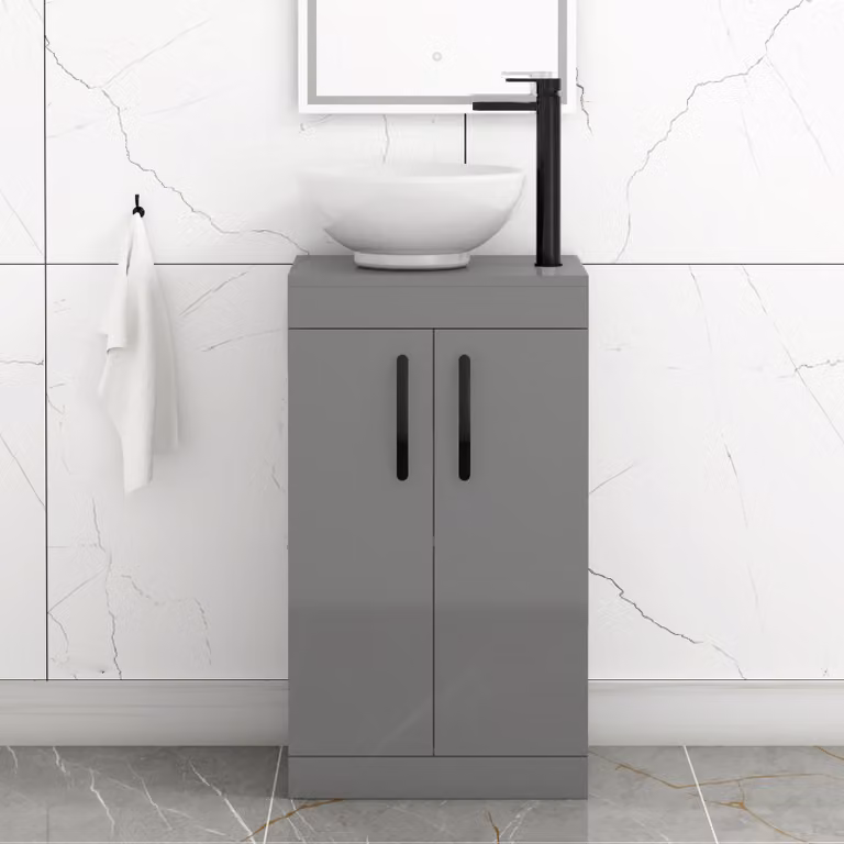 Royal Bathrooms Breeze 500mm Floor Standing 2 Door Vanity Unit with Countertop Basin in Indigo Grey Gloss and Matt Black Handles