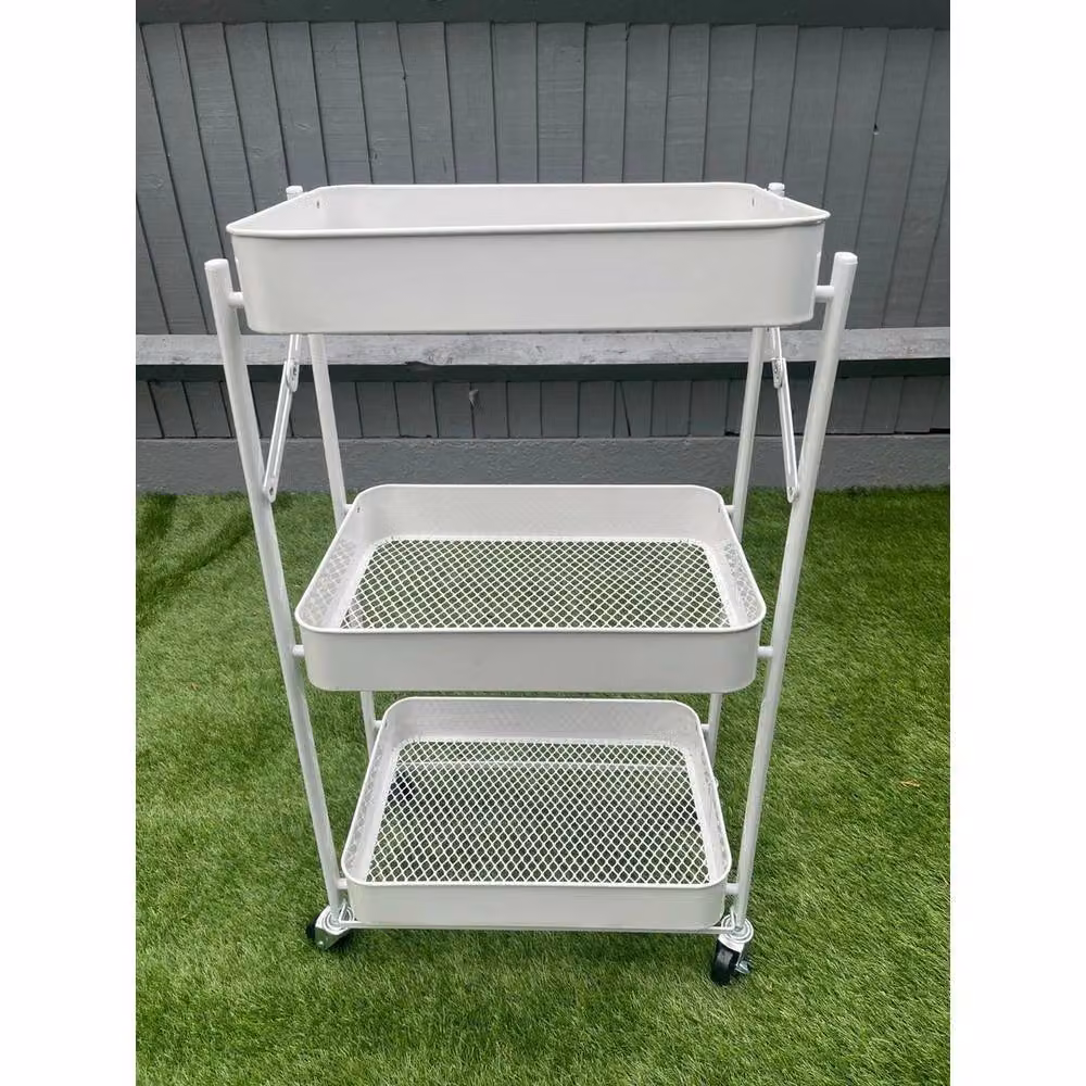 FORGEVIO White Folding Trolley Cart Storage Rack Rolling Metal Shelf for Home and Office – 2