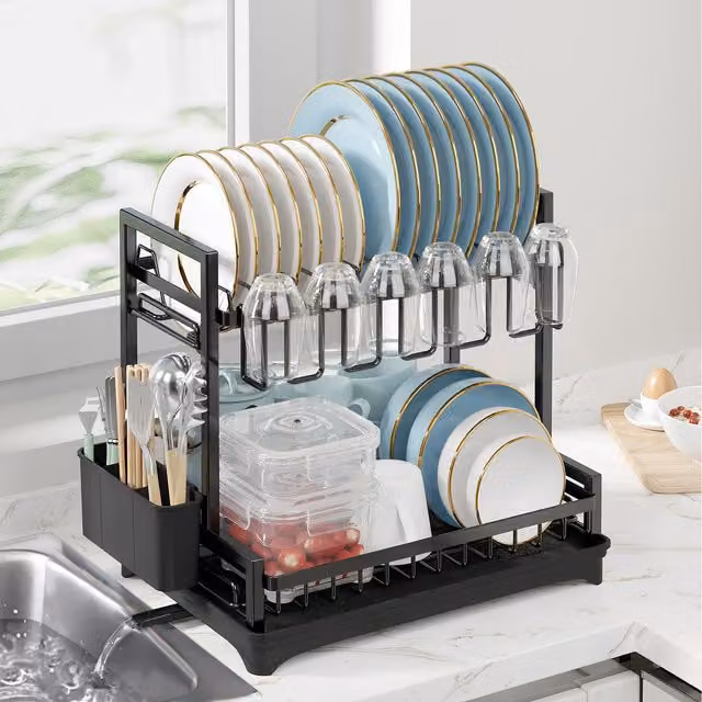 Neo 2 Tier Black Coated Steel Dish Drying Rack with Drip Tray and Drainage Spout