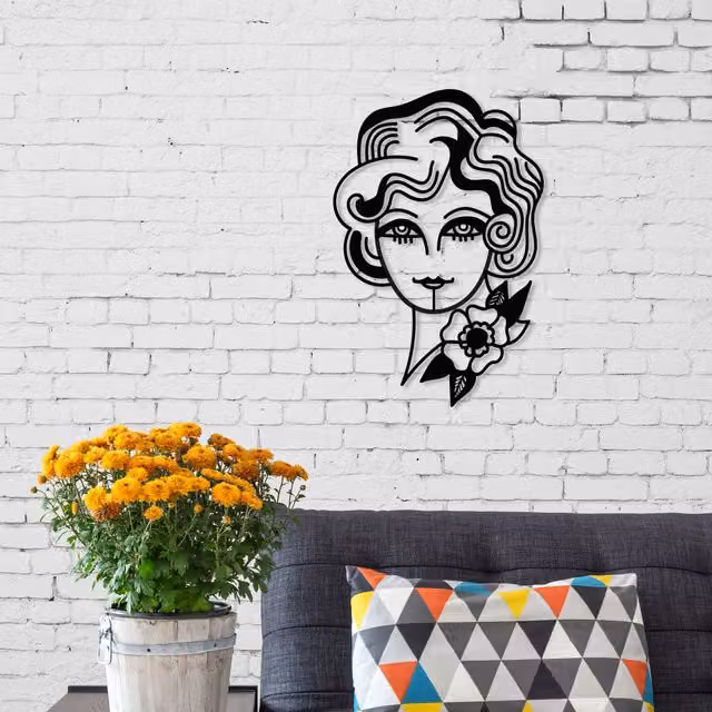 Decortie Woman in Flowers Metal Wall Art Portrait, Black, H 127.0 cm x W 83.82 cm