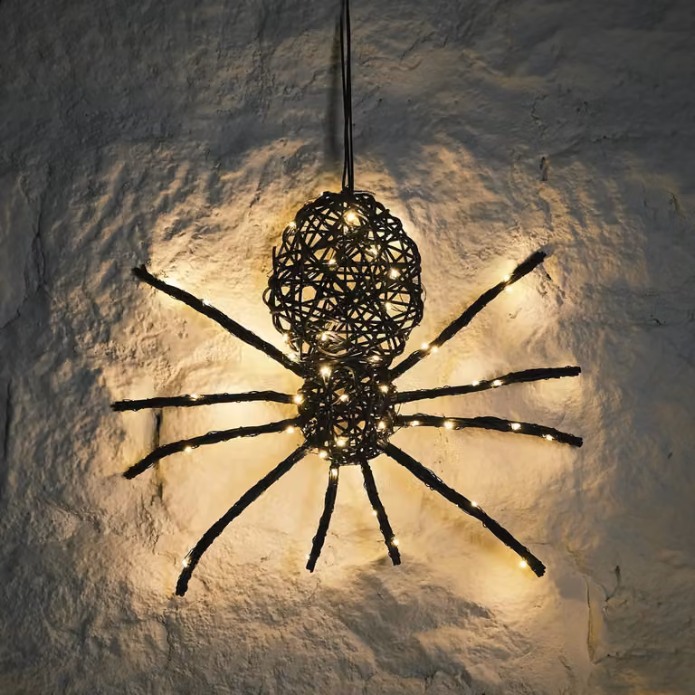 Lights4fun Black Rattan Spider Hanging Decoration with 50 Warm White LEDs and Timer for Indoor and Outdoor Use