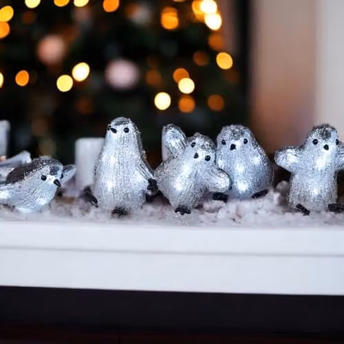 mysmartbuy Set of 5 Silver Acrylic Light Up Penguin Ornaments with 8 LEDs and Timer, H12 x W11 x D11 cm – 3