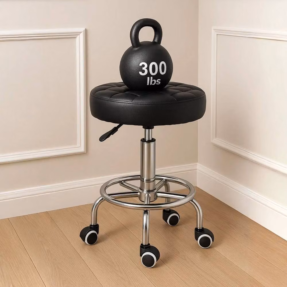 VOGREX Black PU Leather Rolling Stool with Swivel and Footrest Ring – 3
