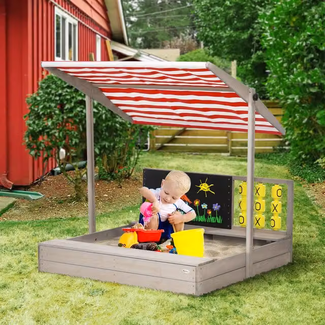 Outsunny Kids Sandpit with Canopy and Seats in Grey