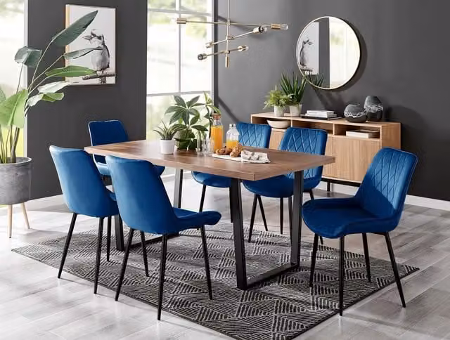 FurnitureboxUK Kylo Brown Wood Effect Dining Table and 6 Navy Pesaro Velvet Chairs with Black Legs – 1